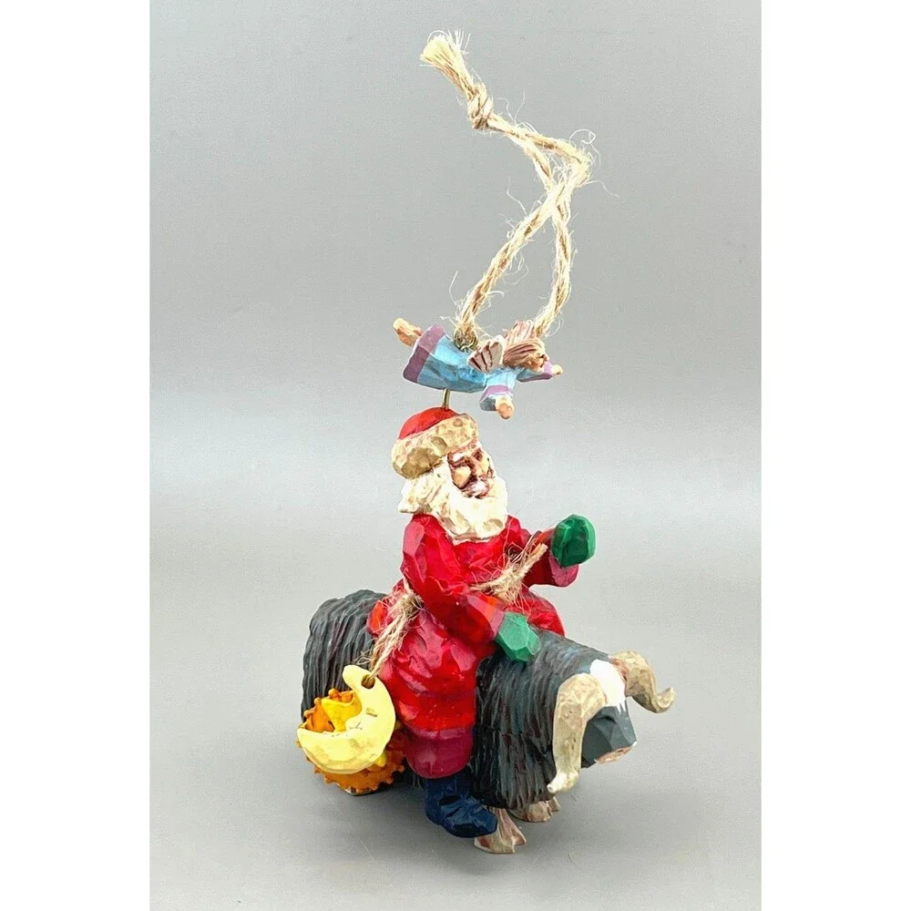 Vtg '95 Hallmark Keepsake Guiding Santa Ornament Folk Art Sun Moon Star Angel Ox